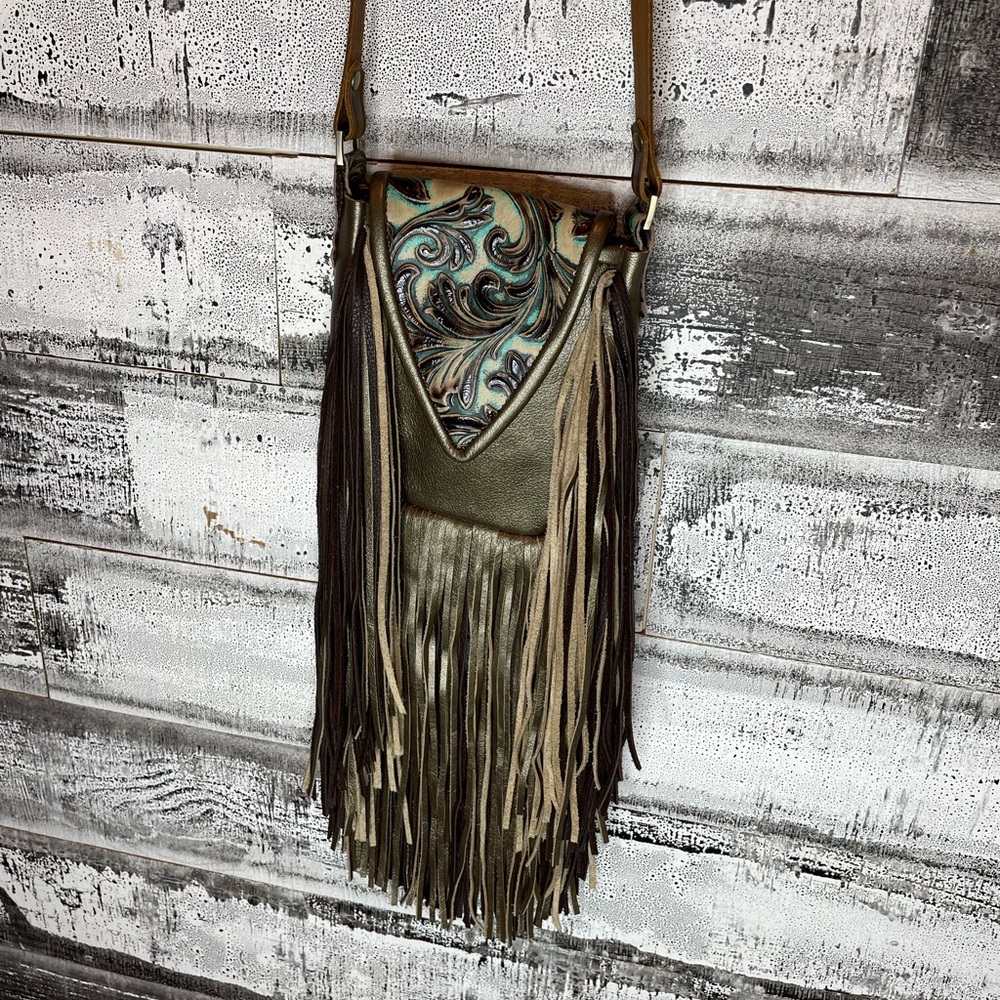 Metallic bronze and accents in turquoise and brown embossed crossbody purse